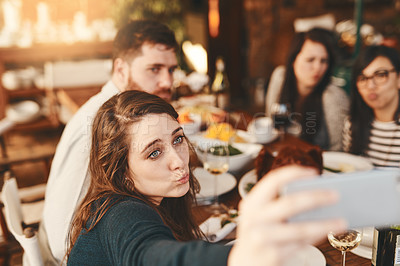 Buy stock photo Selfie, restaurant and dinner of people at party for celebration, holiday or thanksgiving and friends. Fine dining, food and influencer friends in smartphone photography for social event lifestyle