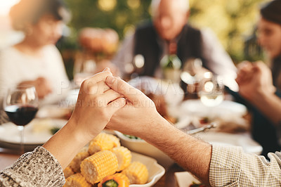 Buy stock photo People, praying for eating and food for bonding, quality time for lunch and outdoor. Religious gesture, group and holding hands for brunch, family gathering and content for break, calm and peaceful.