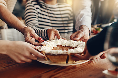 Buy stock photo People, hands and pumpkin pie at a party for a thanksgiving celebration, event or gathering at home. Traditional dessert, cake or pie at a holiday dinner, lunch or meal in the dining room at a house.