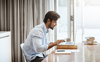 Man, home and happy with laptop for remote work and blogging as freelance writer. Typing, male person and table with research with headline story, email and news article for newspaper as journalist