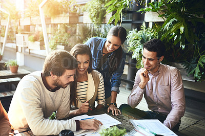 Buy stock photo Happy group, business people and discussion at cafe with documents, info or solution. Paperwork, team and planning in meeting with creative environmental project manager in eco friendly coffee shop