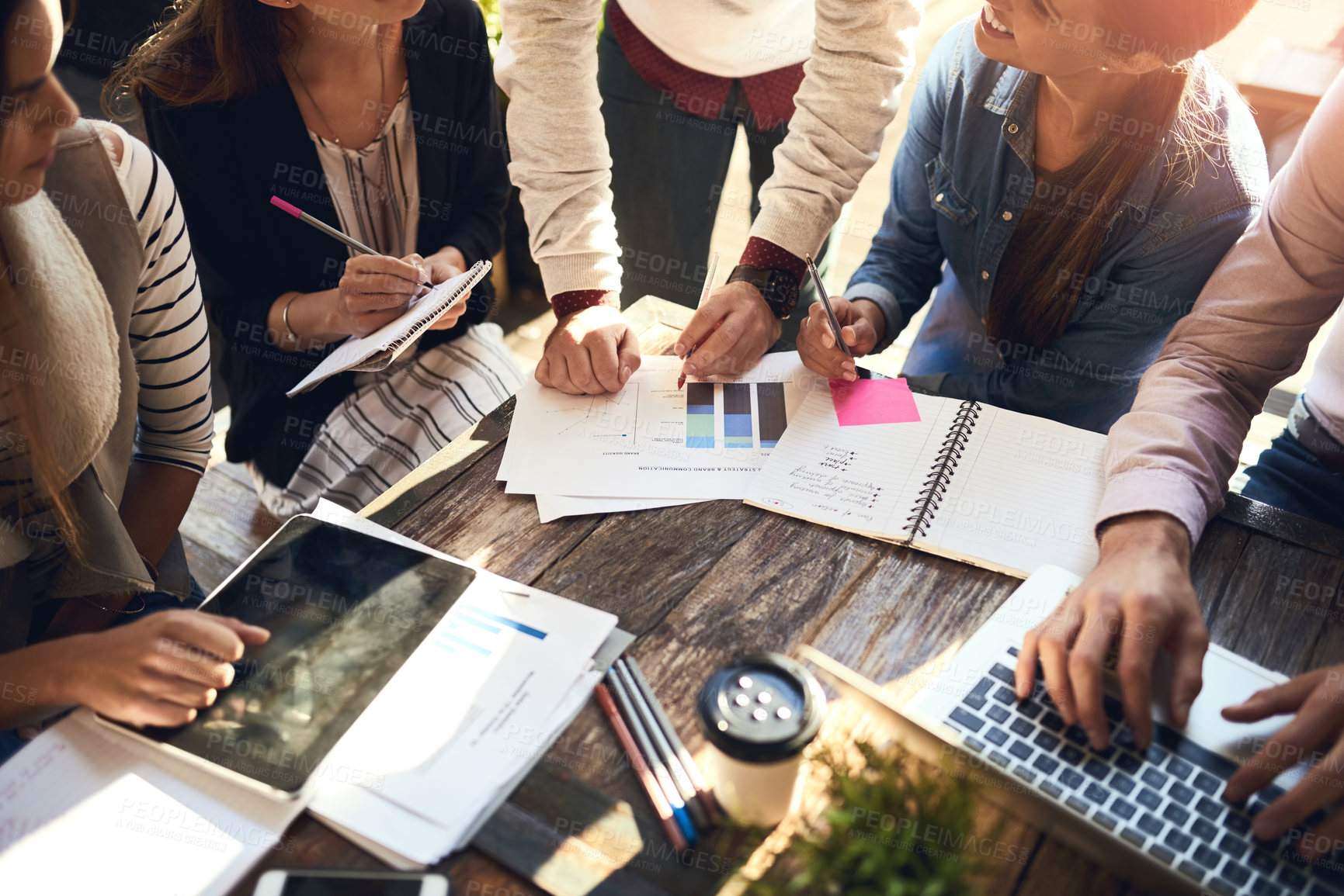 Buy stock photo Business hands, group and meeting with data analysis, statistics and planning for online SEO solution. Group analyst or people with documents, graphs or charts and computer for startup collaboration