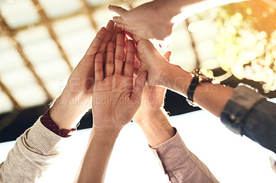 Buy stock photo Business people, hands and high five for team building, success or winning in unity or collaboration outdoors. Group touching hand in agreement, meeting or teamwork for win, support or goals together