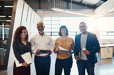 Buy stock photo Happy, business people and portrait with team in diversity for interview, meeting or internship at creative startup. Group, employees and smile for inclusion, mission or company growth in recruitment