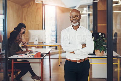 Buy stock photo Portrait, confident and mature business man in office for career, pride and leadership experience. Glasses, smile and executive boss, manager and chief creative officer with arms crossed in startup