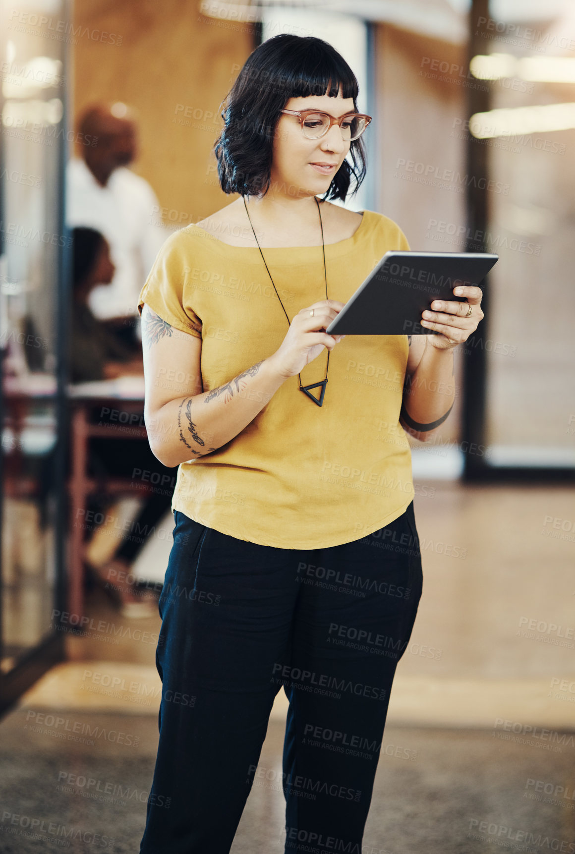 Buy stock photo Woman, tablet and thinking with idea at startup, typing or check notification on web in modern office. Person, networking or digital touchscreen on app, click or scroll for search at creative agency