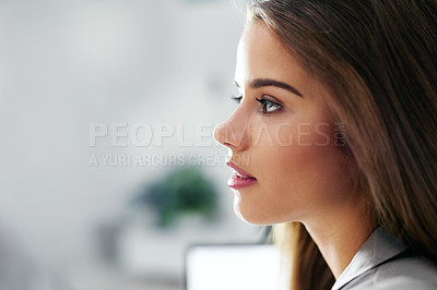 Buy stock photo Thinking, mockup and business woman for brainstorming, pride and problem solving. Project manager, corporate and idea in workplace with planning, office solution and ambition for future career growth