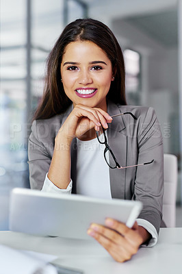 Buy stock photo Portrait, business and woman with tablet, career ambition and research for article, startup and journalist. Face, person or professional with tech, review and app with online news or magazine editor