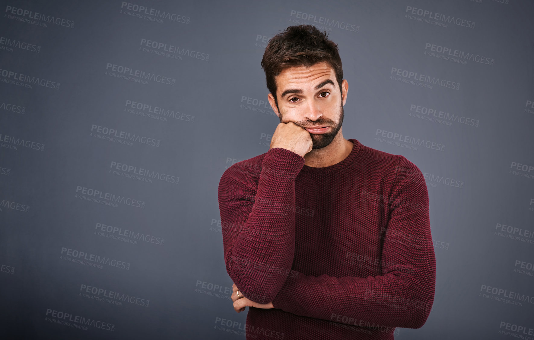 Buy stock photo Studio, exhausted and portrait of man, tired and stress for burnout, mental health and thinking with depression. Grey background, face and anxiety of person, unhappy and frustrated in mockup space