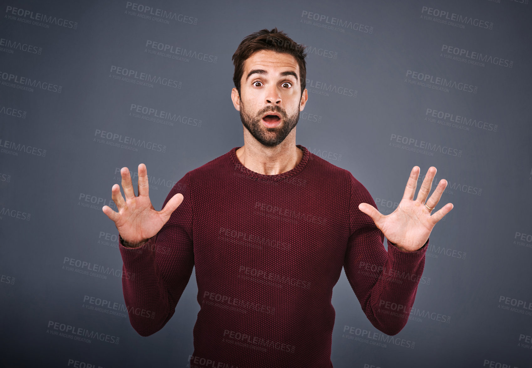 Buy stock photo Gray background, shock and portrait of man, studio and wow with hands, mouth and amazed by announcement. Face, employee and person with surprise for bonus, designer and raise in work and Canada