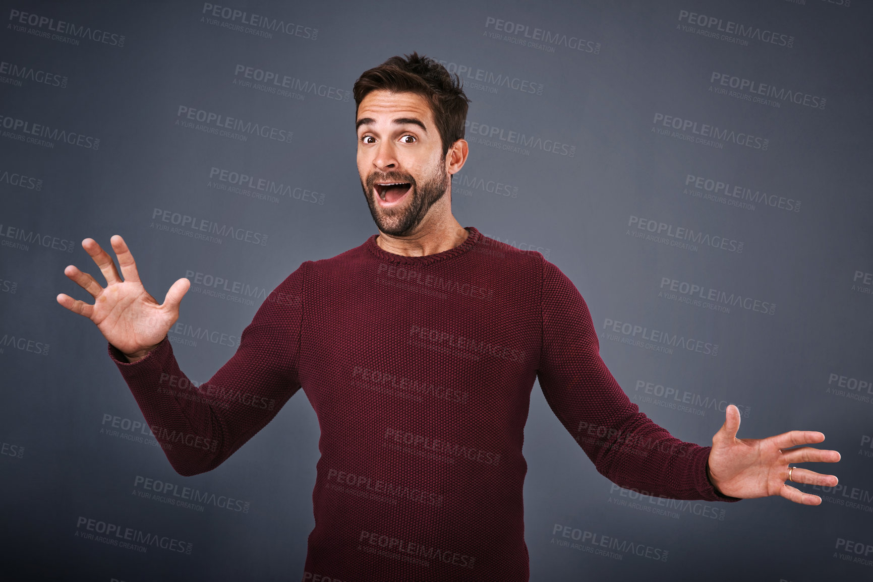 Buy stock photo Studio, announcement and man with surprise, portrait and gossip of discount, wow and and rumor in mockup space. Black background, face and person with shock, news and fashion for clothes and cardigan