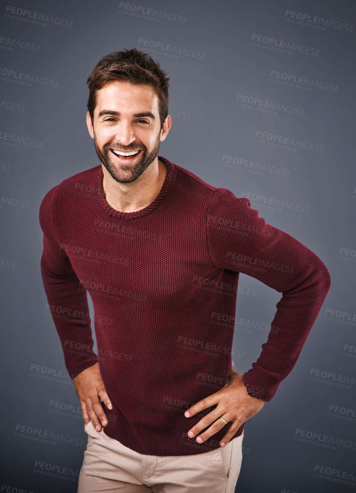 Buy stock photo Studio, happy and portrait of man, confidence and sweater in mockup space, pride and cardigan in winter. Gray background, funny and person in Miami, laughing or comfortable in clothes, joy and jersey