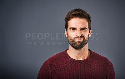 Buy stock photo Doubt, confused and portrait of man in studio with unsure, uncertain and thoughtful on gray background. Thinking, mockup space and face of male person skeptical for decision, choice and question
