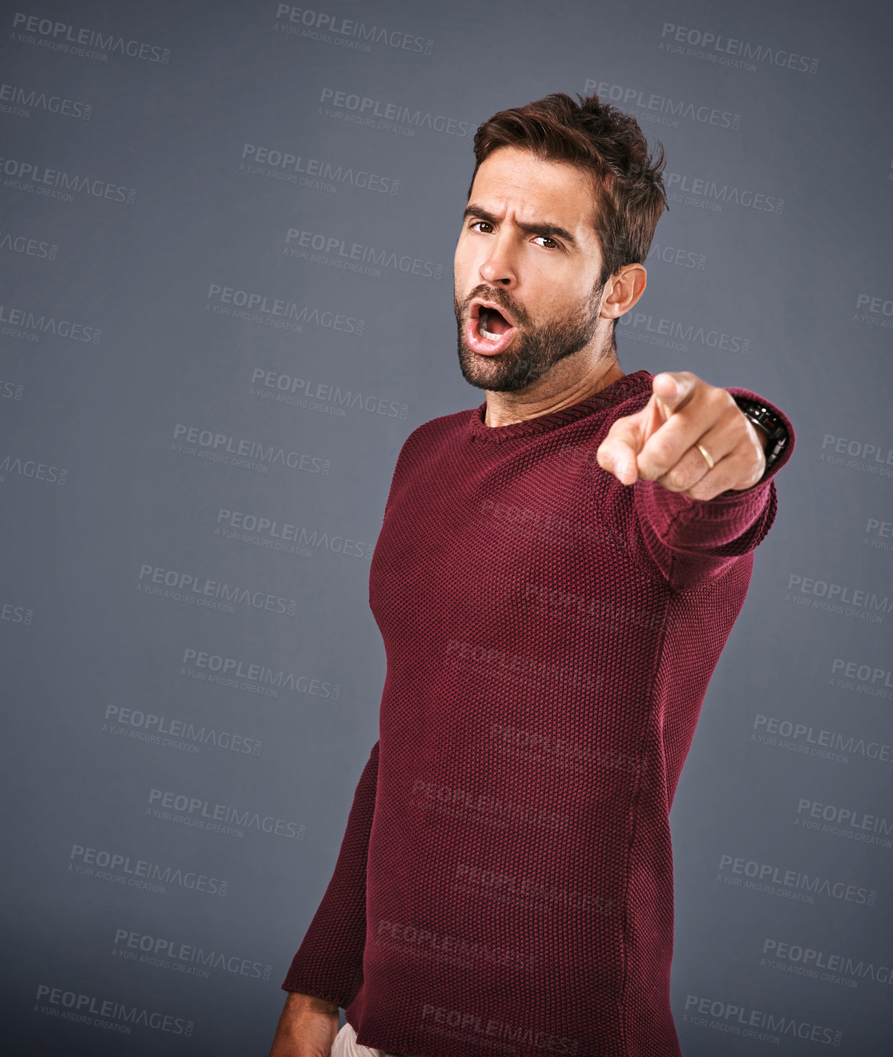 Buy stock photo Scolding, mad and portrait of man, pointing and upset with you, choice or decision in studio. Gray background, shouting and hand of person, mockup and serious of opinion and blame in England