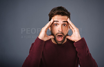 Buy stock photo Wow, portrait and man mind blown in studio with gossip, drama or secret against grey background. Omg, face and surprised male with wtf emoji for fake news, announcement and rumor while isolated