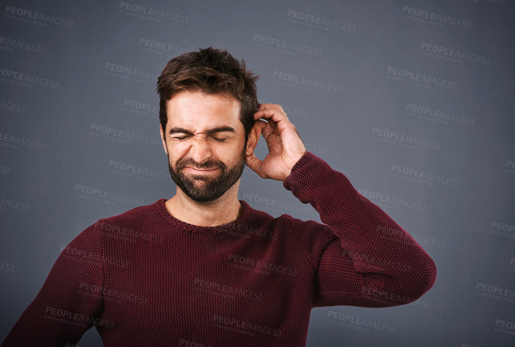 Buy stock photo Worry, thinking and face of unsure man in studio with doubt, uncertain and thoughtful on gray background. Confused, mockup space and male person scratch head skeptical for decision, choice and idea