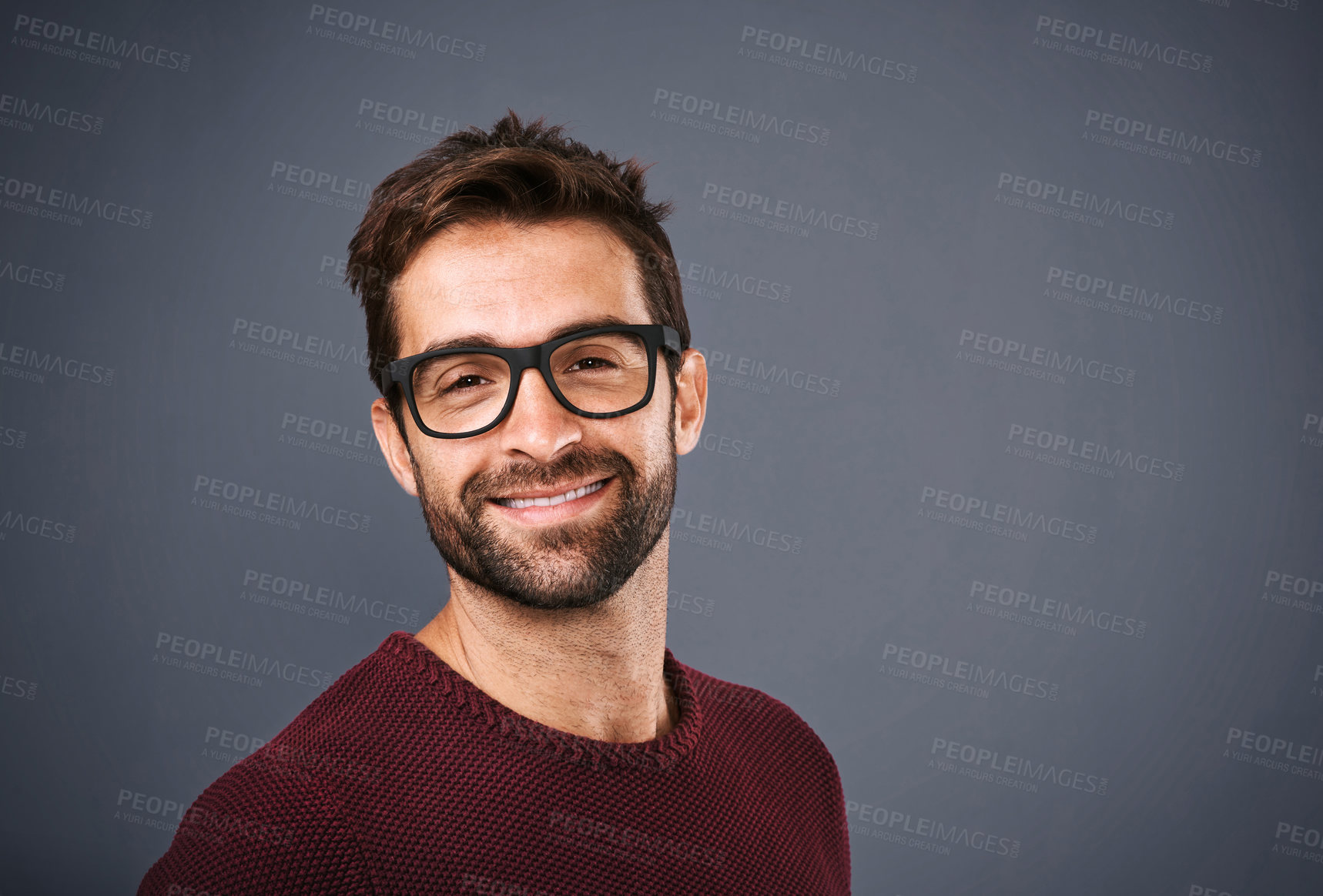 Buy stock photo Studio, glasses and man with portrait, confident and wellness with eye care, product and lens for vision. Black background, face and happiness for person, prescription and eyewear with fashion in USA