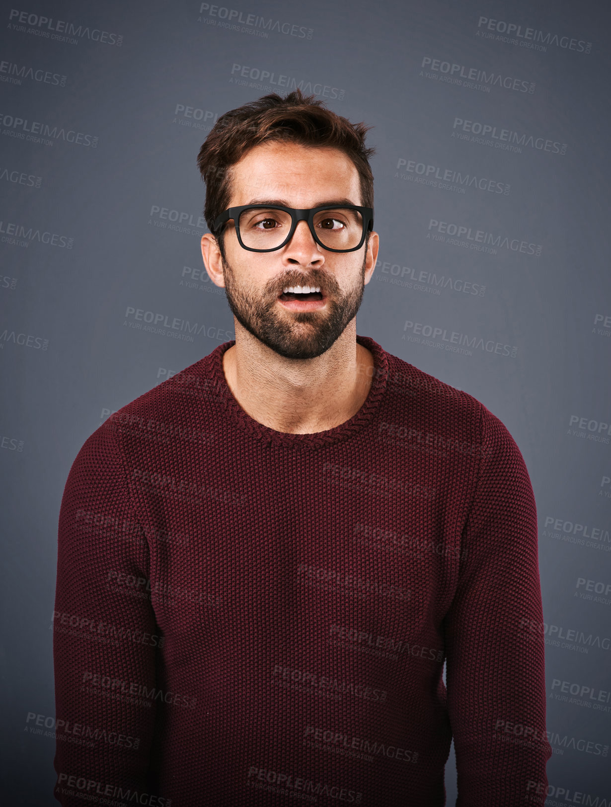 Buy stock photo Studio, glasses and man with funny face, eye care and wellness with frame, portrait and lens for vision. Gray background, healthy and product for person, prescription and eyewear with fashion in USA