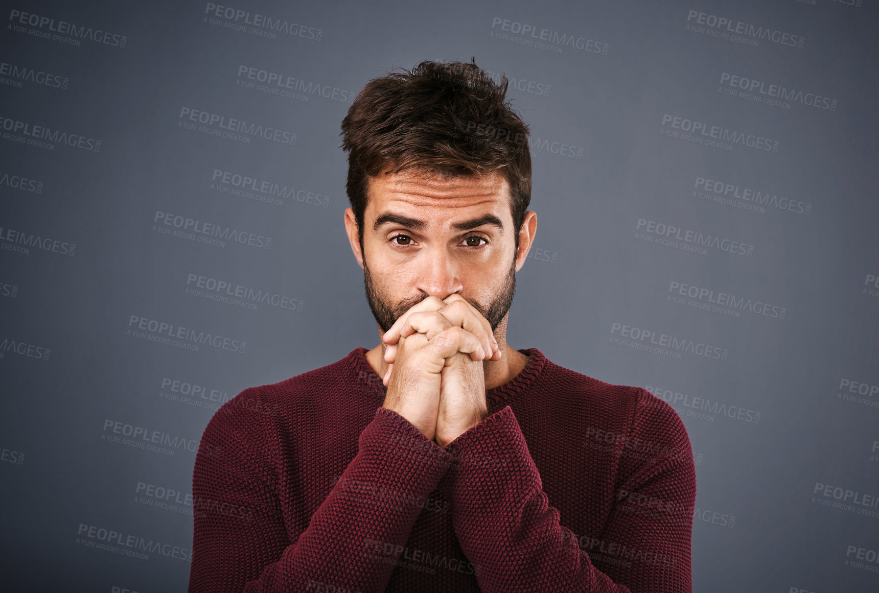 Buy stock photo Pray, portrait and man in studio for hope, wish or opportunity on gray background, Spiritual, religion and male person with hands together for worship, faith mindfulness or good news on mockup