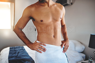 Buy stock photo Man, body and chest in home for grooming, hygiene and self care after shower, healthy skin and relax, Male person, topless and preparation in morning for weekend, day or cleaning with fresh skincare