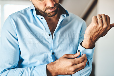 Buy stock photo Closeup, man and button cuff of shirt for job interview, work and corporate fashion for business. Hands, arm and male person getting ready in professional clothes from wardrobe in the morning at home