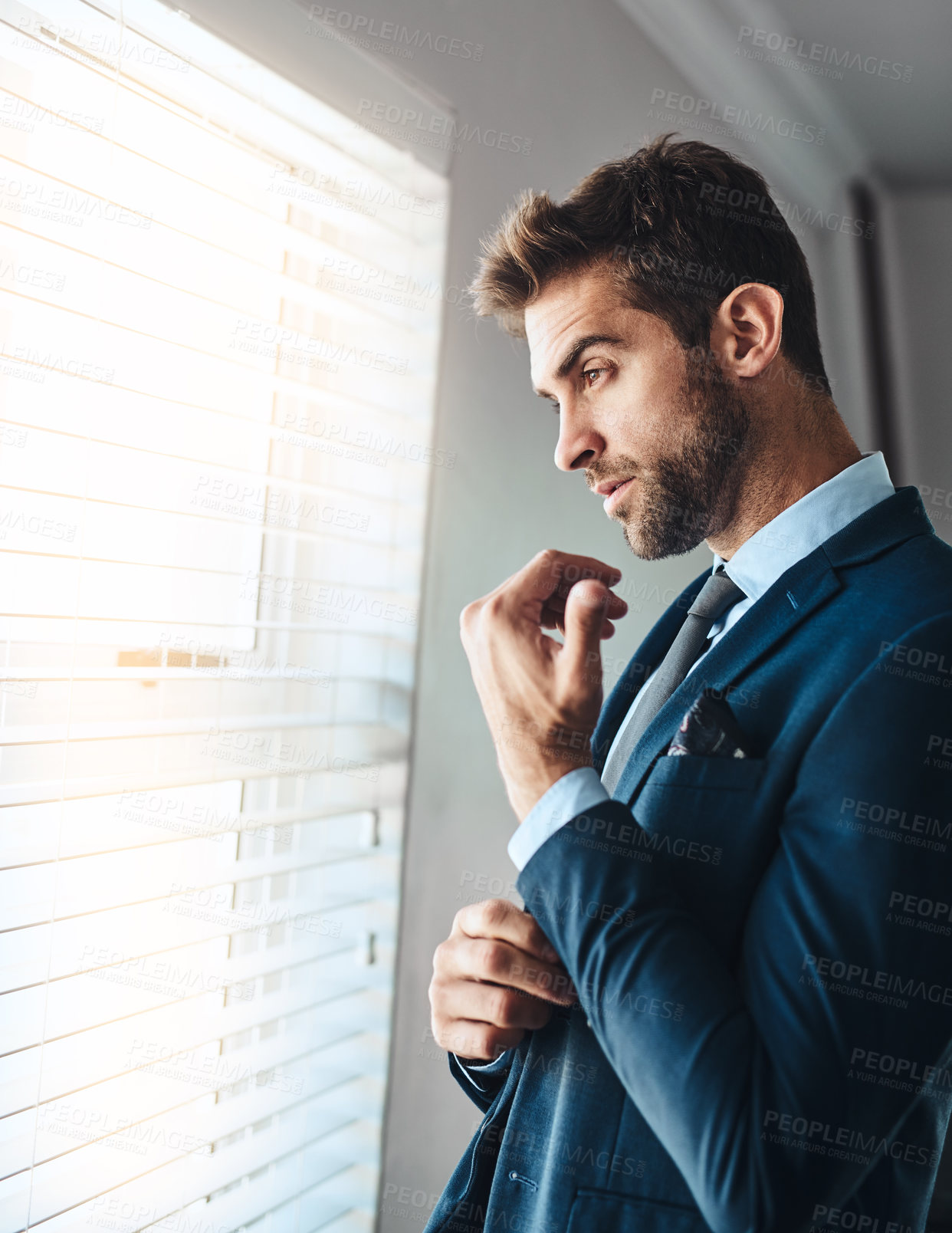 Buy stock photo Thinking, business man and suit cufflink to prepare for corporate work, event or formal fashion for wedding. Clothes, morning and person button sleeve, ready and dressing with view or vision in home