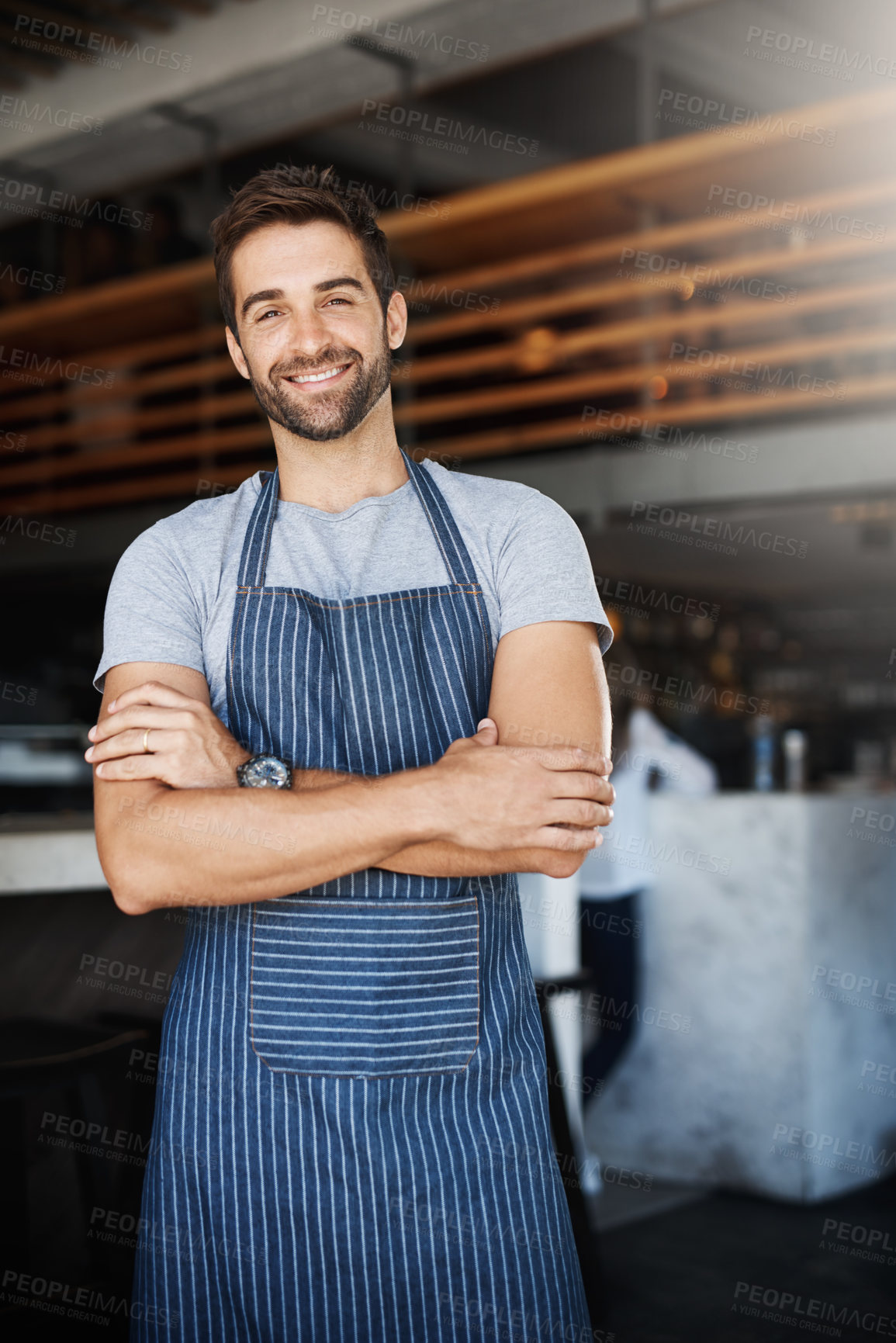 Buy stock photo Portrait, apron and man in cafe, arms crossed and waiter with confidence, career ambition and hospitality. Face, happy person or entrepreneur with food industry, professional and server in restaurant