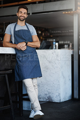 Buy stock photo Portrait, business and man in cafe, service and waiter with confidence, career ambition and hospitality. Face, person or entrepreneur with food industry, professional or server in restaurant or apron