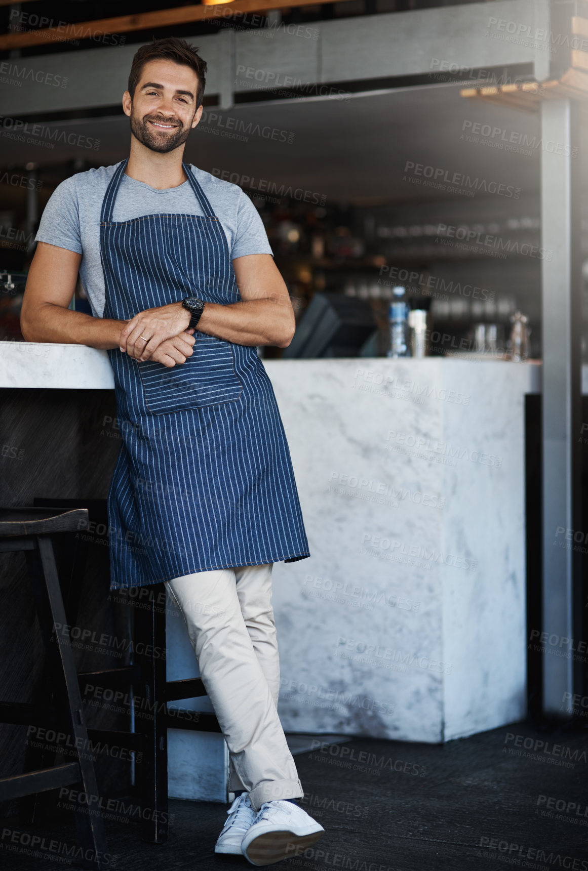 Buy stock photo Portrait, business and man in cafe, service and waiter with confidence, career ambition and hospitality. Face, person or entrepreneur with food industry, professional or server in restaurant or apron