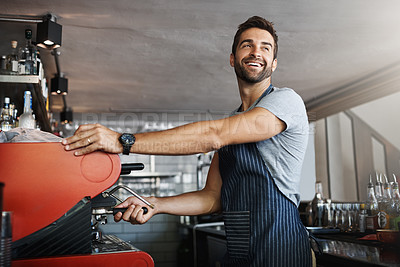 Buy stock photo Happy man cafe, coffee machine and barista, prepare caffeine drink with process and production in hospitality industry. Service, male waiter working on espresso or latter beverage in restaurant 