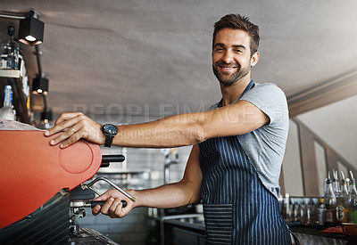 Buy stock photo Man in cafe, machine for coffee and barista, prepare caffeine drink with process and production in hospitality industry. Service, male waiter working on espresso in restaurant and smile in portrait