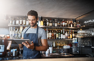 Buy stock photo Man in cafe, tablet and small business with inventory check, entrepreneur in hospitality industry and connectivity. Happy male owner, restaurant franchise with digital admin and stock taking