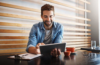 Buy stock photo Online, typing and a man with a tablet at a cafe for communication, connectivity and administration. Happy, remote work and a male entrepreneur reading from the web with technology at a coffee shop