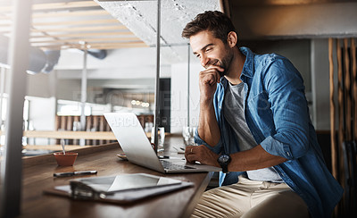 Buy stock photo Man in coffee shop, laptop and small business owner, entrepreneur in hospitality management and connectivity. Happy male professional, cafe franchise and wireless connection with digital admin on pc