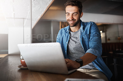 Buy stock photo Laptop, remote work and smile with man in cafe for networking or planning online. Computer, information and reading with happy freelance employee in coffee shop as customer for hospitality or service