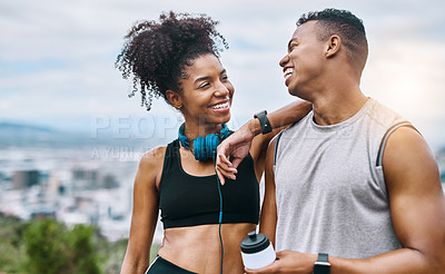 Buy stock photo Runner, personal trainer and smile with couple in city for fitness club, health and workout partner. Coaching, exercise training and support with black man and woman outdoor for break and commitment