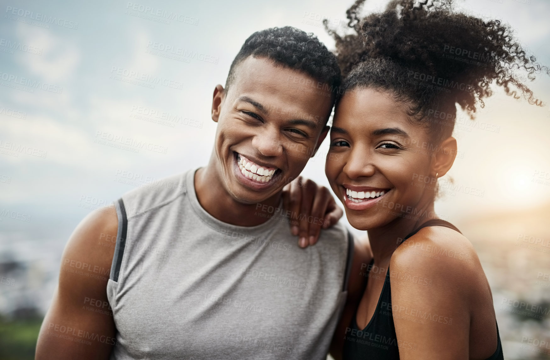 Buy stock photo Couple, portrait and bonding on break, fitness and happiness after exercise, confident and wellness. Outdoor, athlete and black people with smile for workout routine, together and laugh with partner