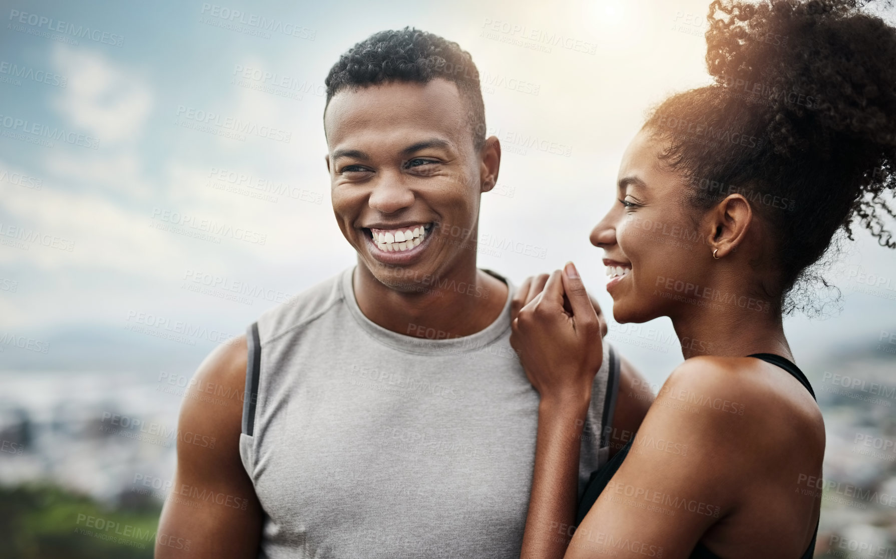 Buy stock photo Couple, laughing and fitness on break, outdoor and happiness after exercise, confident and wellness. Healthy, athlete and black people with smile for workout, reflection and embrace with partner