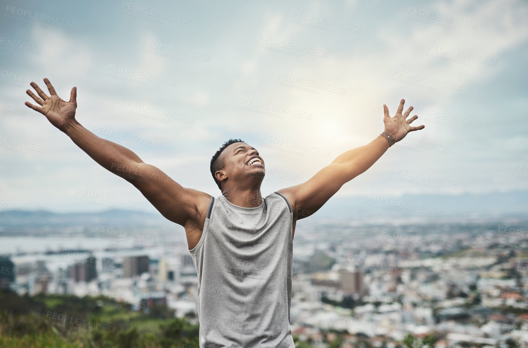 Buy stock photo Black man, runner and excited on mountain for celebration with milestone, cardio or achievement in town. African person, space and cityscape with exercise goal, challenge or happy for success on road