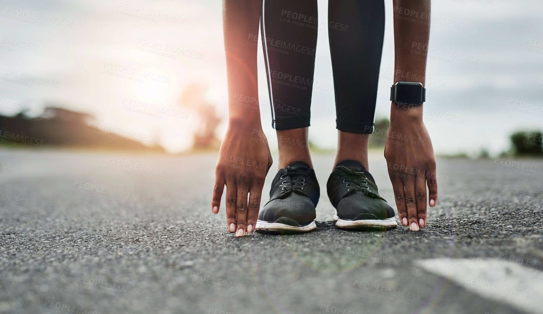 Buy stock photo Woman, hands and feet on road with stretching, wellness and getting ready for cardio exercise outdoor. Flare, space and person shoes in street with warm up, beginning workout or prepare for training.