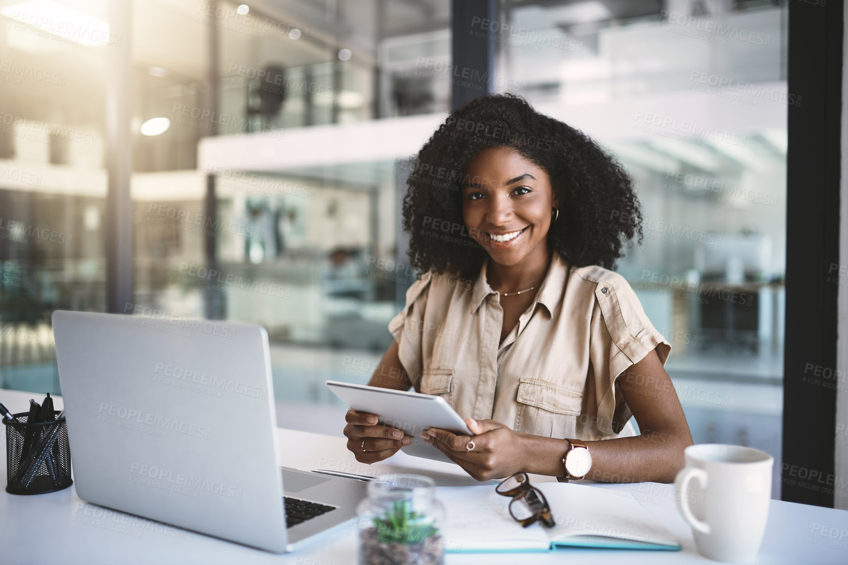 Buy stock photo Laptop, tablet and portrait of black woman in office with notes, planning or happy corporate advisor at desk. Businesswoman, online consultant or confident business development manager on digital app