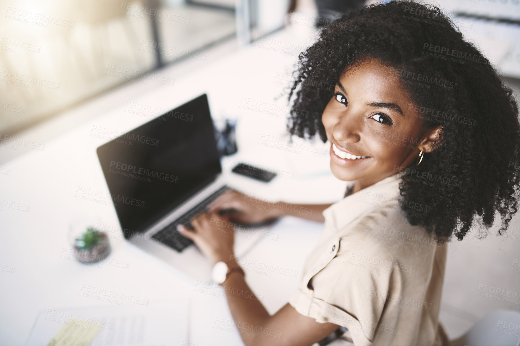 Buy stock photo Screen, portrait and businesswoman with laptop for typing, research and working in corporate career. Office, computer and black female with administration for assistant, schedule email and planning