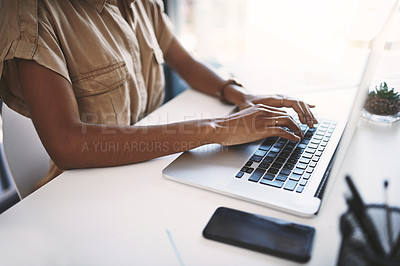 Buy stock photo Office, hands and writer with laptop for research, typing and information for news article with tech. Workplace, computer and digital journalist for planning, reading and creative writing for person