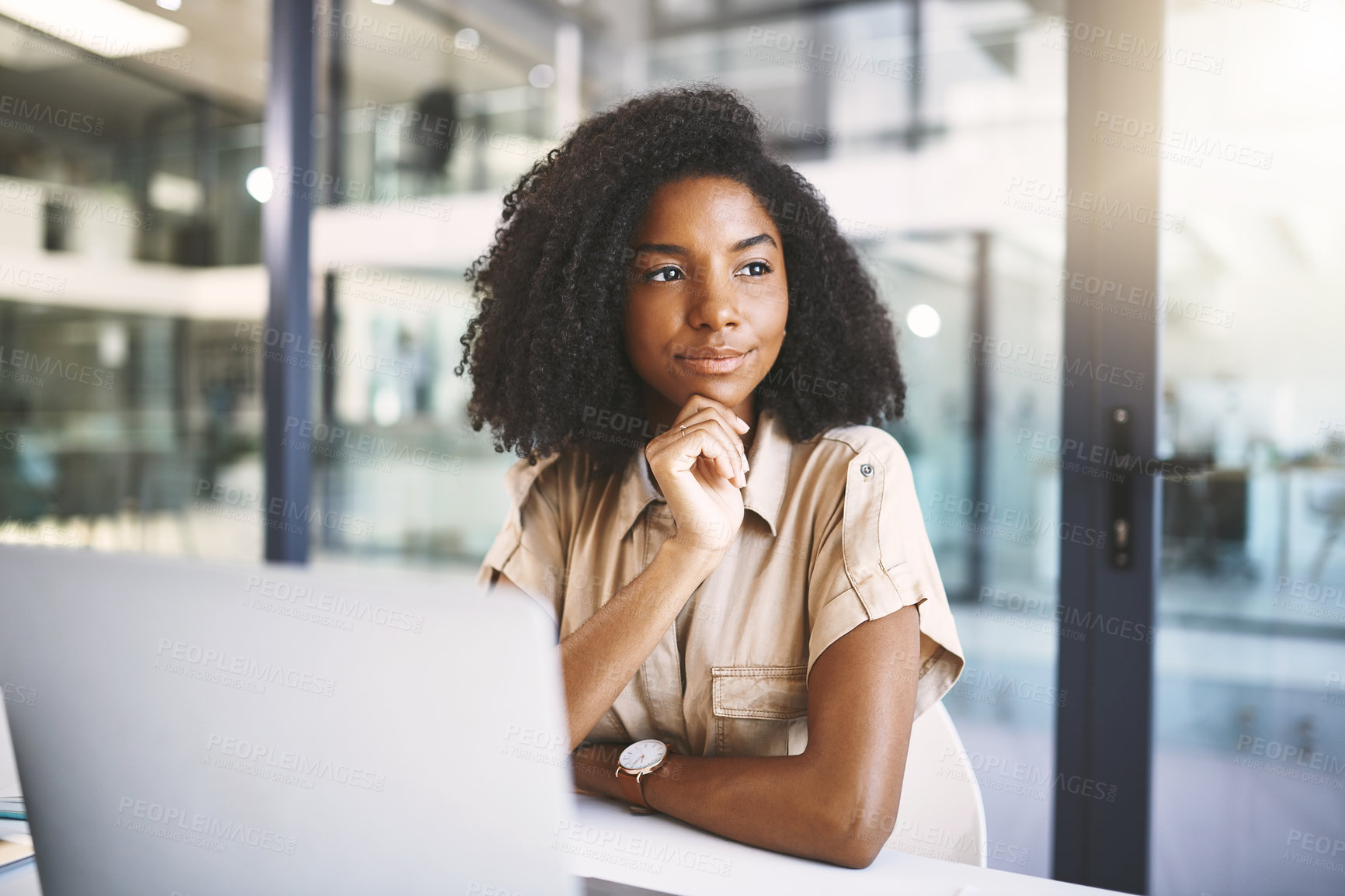 Buy stock photo Thinking, planning and black woman in office with laptop, business plan and inspiration for growth. Ideas, proposal and consultant with opportunity, research and online solution at digital agency