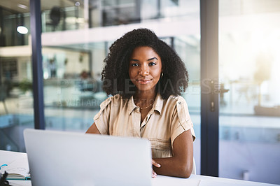 Buy stock photo Portrait, confidence and black woman in office with laptop, pride and business development manager at desk. About us, advisor or consultant with opportunity, notes and career growth at online agency