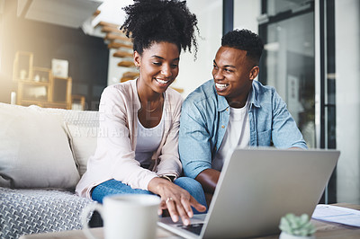 Buy stock photo Laptop, happy and black couple on sofa relax for internet, online shopping and website in new home. Dating, relationship and man and woman on computer for bonding, chill and tech in living room