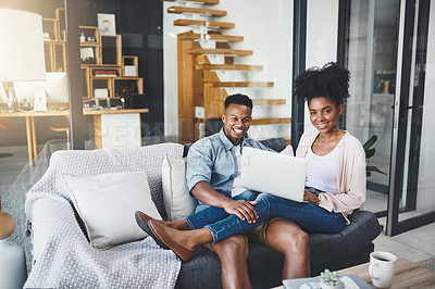 Buy stock photo Laptop, relax and portrait of black couple on sofa for internet, online shopping and website in home. Dating, relationship and man and woman on computer for bonding, chill and happy in living room