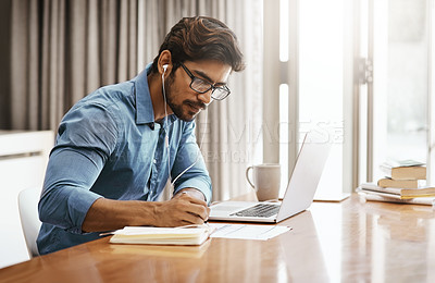 Buy stock photo Business home and man with a laptop, remote work and focus with connection, planning or professional. Male person, consultant or entrepreneur with pc, technology or writing with inspiration and ideas