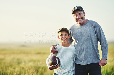 Buy stock photo Father, kid portrait and rugby ball in countryside field for bonding and fun in nature. Mockup, dad and young child together with happiness and smile ready for sporty active game outdoor on farm