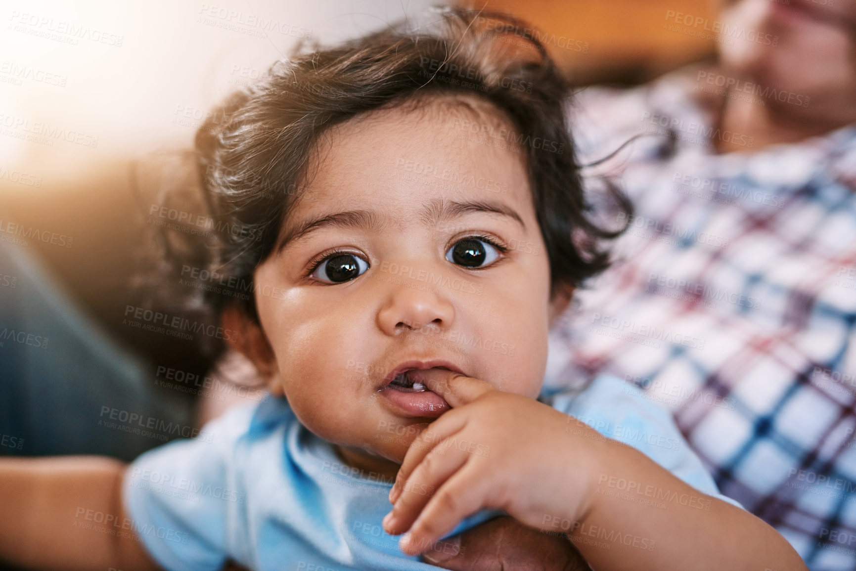 Buy stock photo Teething, baby and portrait in home with parent, gum discomfort and soothing on sofa. Toddler, bite finger and teeth development in living room for progress, milestone and relax with hand in mouth